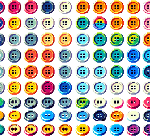 Create a sprite sheet featuring various sewing buttons. Each button should be distinct, with a cohesive color scheme containing a wide range of rainbow colors. The style should be detailed pixel art, reminiscent of classic 8-bit era video game. Arrange the components on a dark background, with each part neatly aligned in rows and columns for easy identification and use in game development..
Single Game Texture. In-Game asset. 2d. Blank background. High contrast. No shadows.