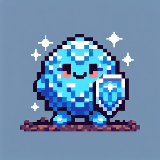 a friendly blue shielded elemental, I want the art style to reflect a classic 16-bit retro pixel art aesthetic, reminiscent of early 1990s RPGs..
Single Game Texture. In-Game asset. 2d. Blank background. High contrast. No shadows.