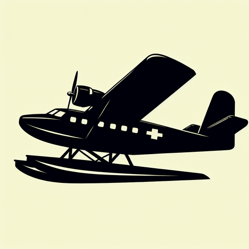 Create a cartoon-style illustration of a dark silhouette of a seaplane, side profile.
Single Game Texture. In-Game asset. 2d. Blank background. High contrast. No shadows.