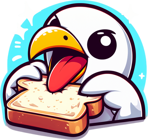 Create a cartoon-style illustration of a seagul's face chomping down on a slice of bread make it comical.
Single Game Texture. In-Game asset. 2d. Blank background. High contrast. No shadows.