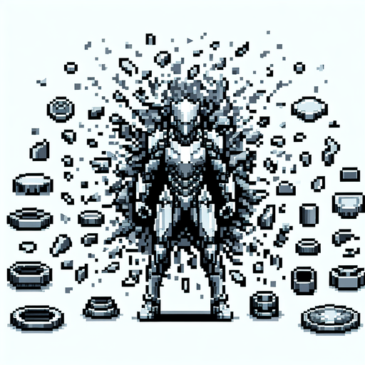 exploded silver fragments. pixelated. 8 bit.
Single Game Texture. In-Game asset. 2d. Blank background. High contrast. No shadows.