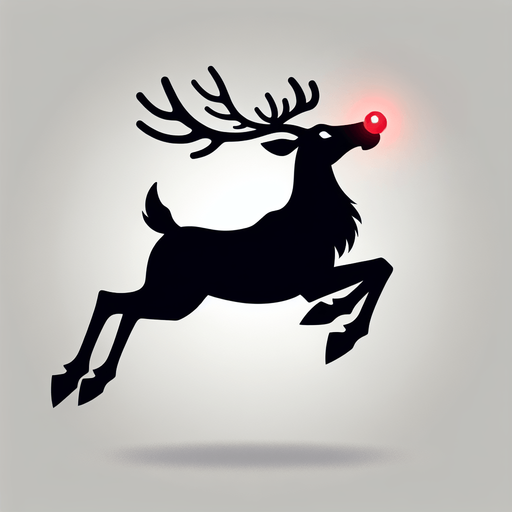 2d silhouette of a flying reindeer with a red glowy nose Single Game Texture. In-Game asset. 2d. Blank background. High contrast. No shadows.