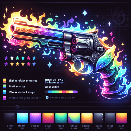 Pistol made of gaseous rainbow colored magic energy..
Single Game Texture. In-Game asset. 2d. Blank background. High contrast. No shadows.