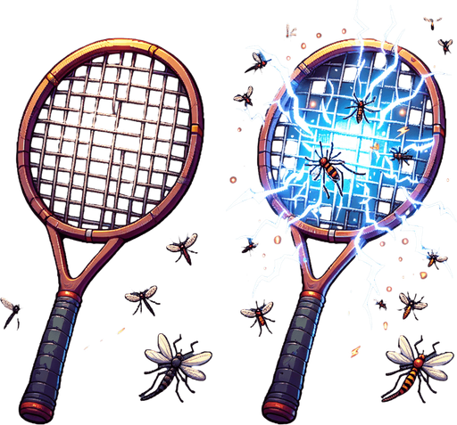 The electric mosquito killing bat sprite sheet will illustrate the device in two states: idle and activated. In the idle state, the bat resembles a tennis racket with a fine mesh grid, featuring a handle for easy grip and a subtle glow emanating from the electrified grid. The activated state showcases the bat in action, zapping mosquitoes with bright sparks and flashes of electricity as they come into contact with the mesh. The sparks should be animated to convey the sensation of a powerful electric discharge. Additional details could include small mosquito silhouettes near the grid in the activated state, or a faint buzzing sound effect to enhance the visual and auditory experience..
Single Game Texture. In-Game asset. 2d. Blank background. High contrast. No shadows.