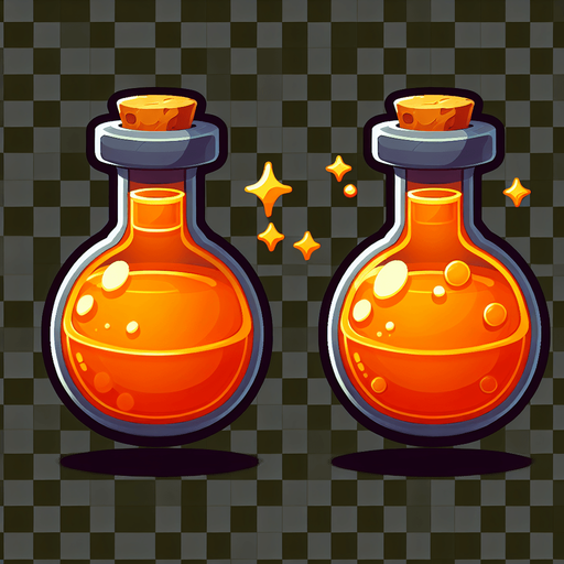 potion magique orange.
Single Game Texture. In-Game asset. 2d. Blank background. High contrast. No shadows.