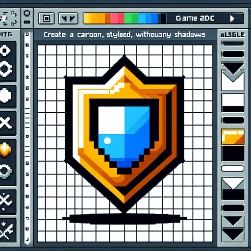 cartoon, 8 bit, shield.
Single Game Texture. In-Game asset. 2d. Blank background. High contrast. No shadows.