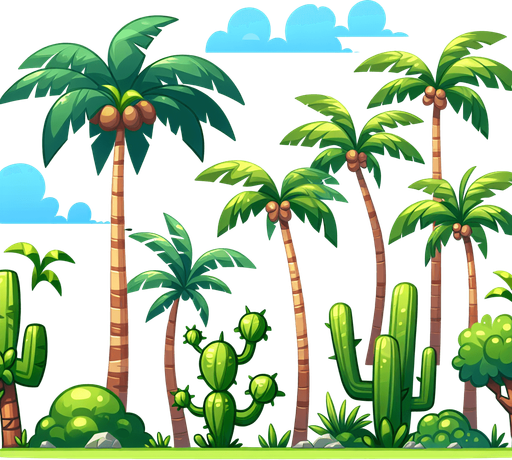 Create a cartoon-style illustration of palm trees. The goal is to capture a lively and playful location.
Single Game Texture. In-Game asset. 2d. Blank background. High contrast. No shadows.