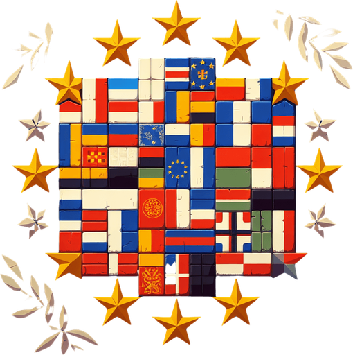 A patchwork of european countries with the european unio flag in back ground..
Single Game Texture. In-Game asset. 2d. Blank background. High contrast. No shadows.