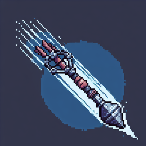 a straight magic missile. top down view. pixelart. bolt only, crossbow not included. vertical display, from bottom to top. Single Game Texture. In-Game asset. 2d. Blank background. High contrast. No shadows.