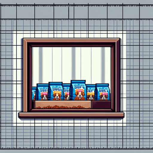 pixel art window with dog food bags displayed within it.
Single Game Texture. In-Game asset. 2d. Blank background.