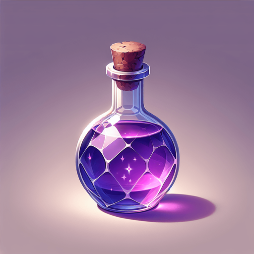 potion magique violette.
Single Game Texture. In-Game asset. 2d. Blank background. High contrast. No shadows.