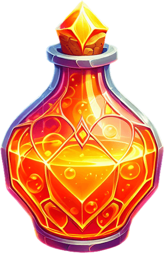 potion magique orange.
Single Game Texture. In-Game asset. 2d. Blank background. High contrast. No shadows.