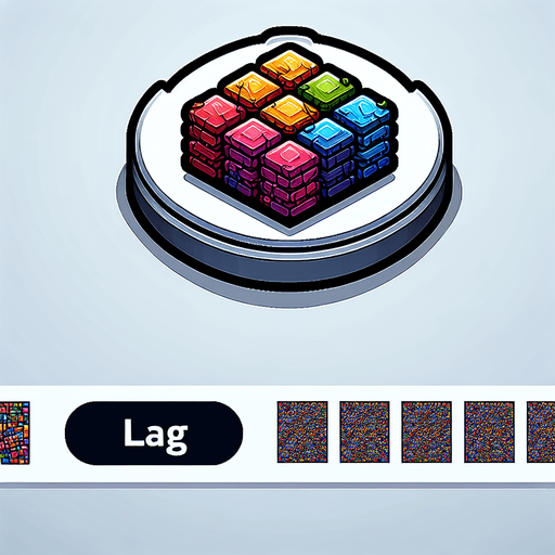 a button with random rainbow cubes on it over the text "lag".
Single Game Texture. In-Game asset. 2d. Blank background. High contrast. No shadows.