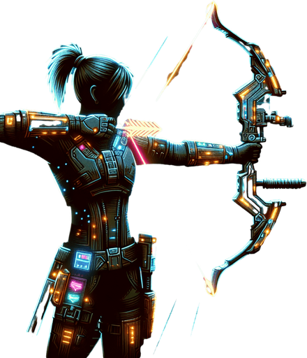 a cyberpunk archer with aiming plasma arrows.
Single Game Texture. In-Game asset. 2d. Blank background. High contrast. No shadows.