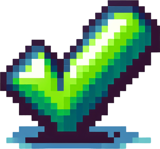 pixel art of a green checkmark.
Single Game Texture. In-Game asset. 2d. Blank background. High contrast. No shadows.