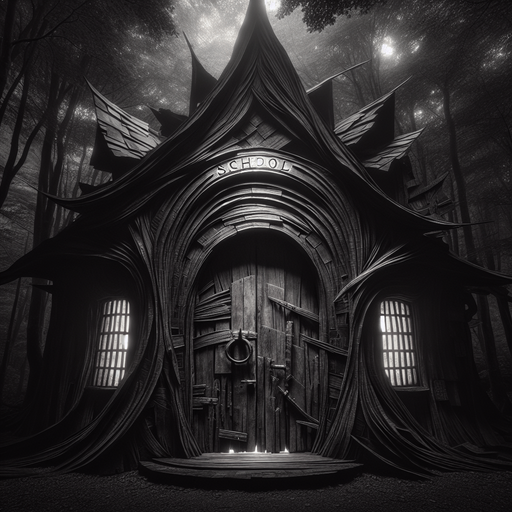 By night, in a gloomy forest,a Facade of a dark, partly ruined ancient and twisted witch house with a big wooden door and a metal entrance arch where it's written "SCHOOL" in illuminated letters...