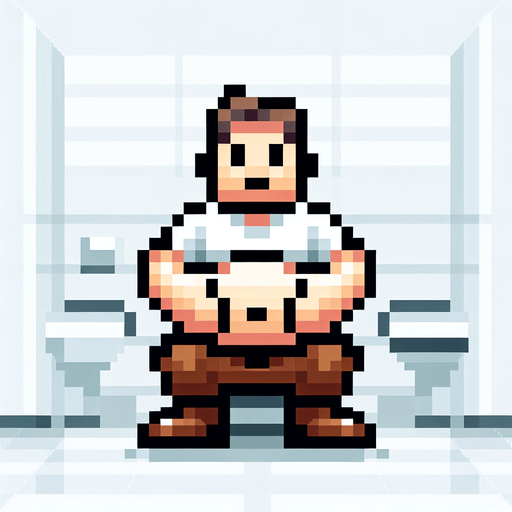 8-bit pixelated image of a video game character sitting with hands on a large belly, wearing a white shirt and brown pants. The setting is a simple bathroom, with the character as the main focus.
Single Game Texture. In-Game asset. 2d. Blank background. High contrast. No shadows.