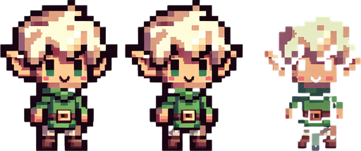 Pixel art of a cute elf.
Single Game Texture. In-Game asset. 2d. Blank background. High contrast. No shadows.