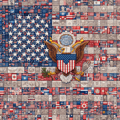 Drapeau national des USA en fond d'un patchwork des États américains..
Single Game Texture. In-Game asset. 2d. Blank background. High contrast. No shadows.