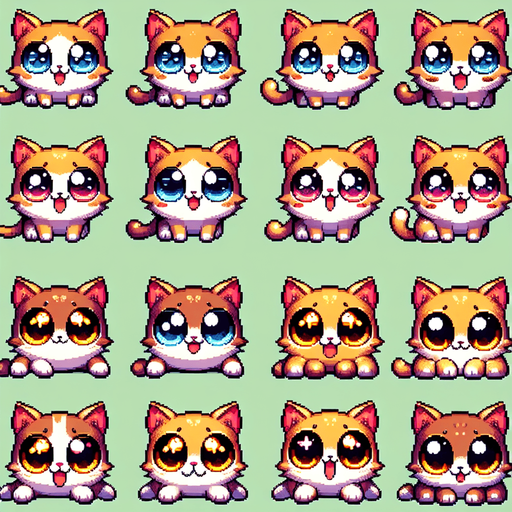 A sprite sheet of happy, cute and very silly looking little cats with large eyes..
Single Game Texture. In-Game asset. 2d. Blank background. High contrast. No shadows.