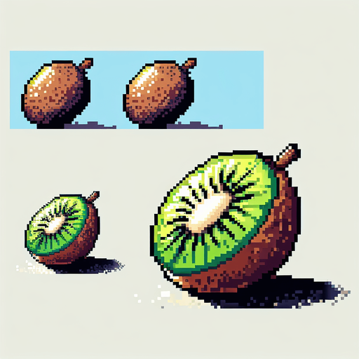 Pixel art of a kiwi fruit.
Single Game Texture. In-Game asset. 2d. Blank background. High contrast. No shadows.