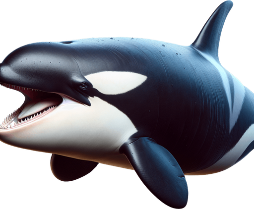 Straight horizontal Orca. Mouth open.
2024 game style. Photorealistic. Full side view