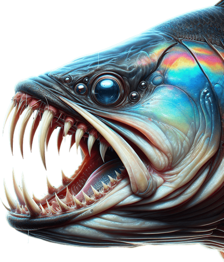 Classic fish with fangs lateral view..
2024 game style. Photorealistic