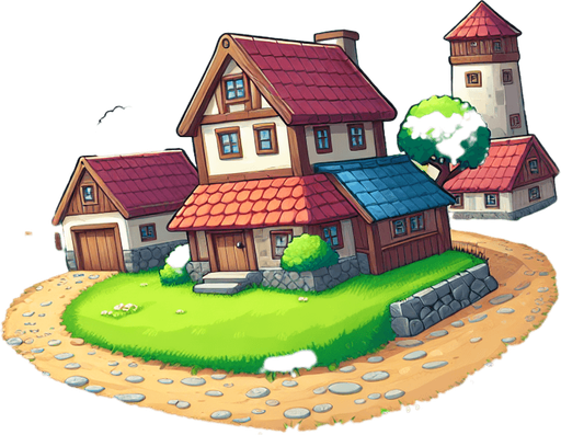 Bluno cartoon village background.
Single Game Texture. In-Game asset. 2d. Blank background. High contrast. No shadows.