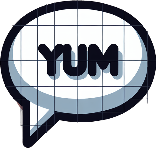 create a cartoon-style illustration of an speech bubble with the word "Yum!".
Single Game Texture. In-Game asset. 2d. Blank background. High contrast. No shadows.