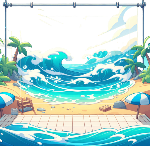 Create a cartoon-style illustration of the ocean and an empty sandy beach from the perspective of a person standing on the beach. The goal is to capture a lively and playful location..
Single Game Texture. In-Game asset. 2d. Blank background. High contrast. No shadows.