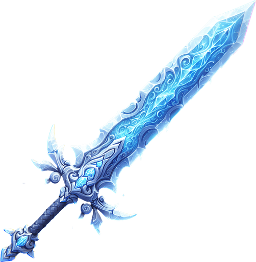 Magical elemental crystal sword made of ice..
Single Game Texture. In-Game asset. 2d. Blank background. High contrast. No shadows.