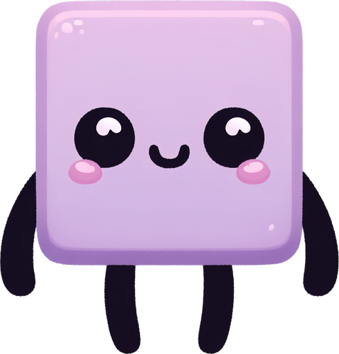 a cute purple square with two black arms and legs with a face and blush.
Single Game Texture. In-Game asset. 2d. Blank background. High contrast. No shadows.