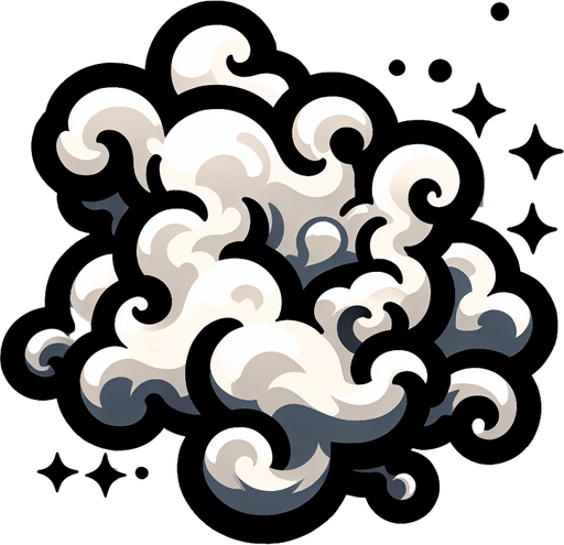 Create a cartoon-style illustration of smoke..
Single Game Texture. In-Game asset. 2d. Blank background. High contrast. No shadows.