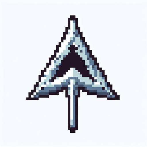 pixelart. a metallic triangular pointer..
Single Game Texture. In-Game asset. 2d. Blank background. High contrast. No shadows.