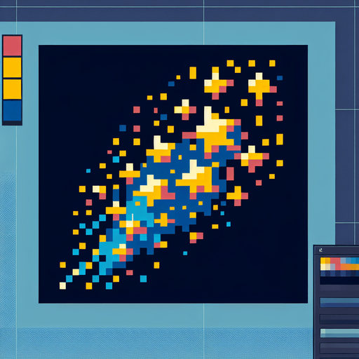 Pixelart. An icon of a a swarm of small yellow and blue stars..
Single Game Texture. In-Game asset. 2d. Blank background. High contrast. No shadows.