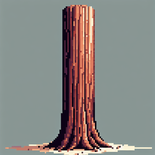 pixelart - a smooth brown wooden tree trunk of a tall tree.Only the trunk of the tree should be seen in the generated image..
Single Game Texture. In-Game asset. 2d. Blank background. High contrast. No shadows.