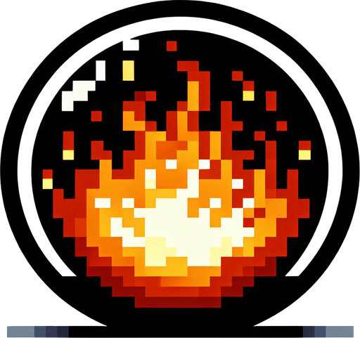 Cartoon, 8bit, fireball. Black border. Cicular..
Single Game Texture. In-Game asset. 2d. Blank background. High contrast. No shadows.