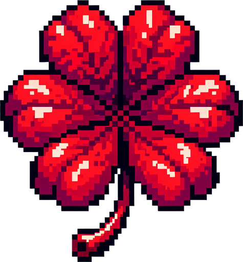 pixel art of a 4 leaf red clover..
Single Game Texture. In-Game asset. 2d. Blank background. High contrast. No shadows.