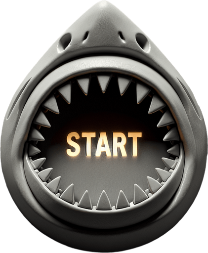 Start button in the shape of a shark mouth.