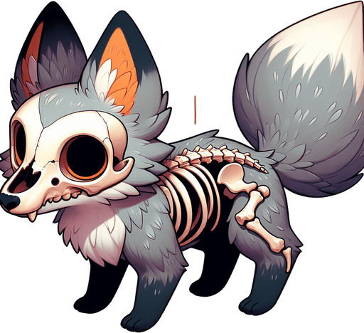 a fox with its skull visible on its right side of its head and grey fur with a pale orange on its eyes.
Single Game Texture. In-Game asset. 2d. Blank background. medium contrast. No shadows. cartoony. birdside view. full body. not facing the camera