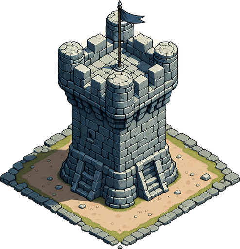 a medieval style stone tower. top down view.
Single Game Texture. In-Game asset. 2d. Blank background. High contrast. No shadows.