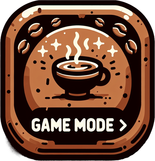 Coffee themed button which has the text "gamemode". Make the aspect ratio of this button 5:1.
Single Game Texture. In-Game asset. 2d. Blank background. High contrast. No shadows.