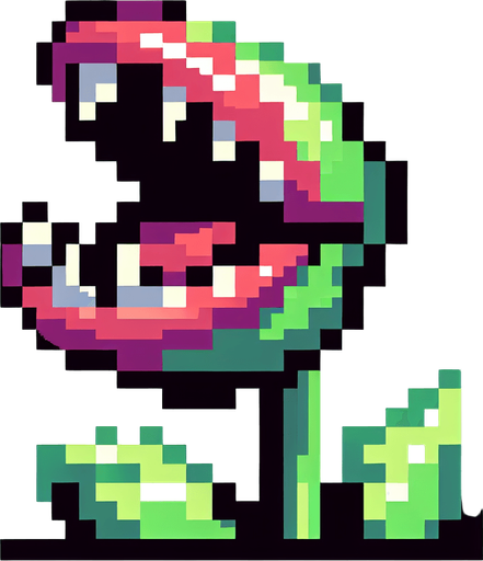 Head of a carnivorous plant, mouth open at top, pixel art
Single Game Texture. In-Game asset. 2d. Blank background. High contrast. No shadows.