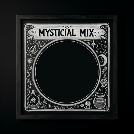 une ardoise noire, sans bordure, vide, avec un petit titre en haut "Mystical Mix:" à la craie à la main.