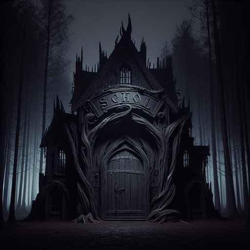 By night, in a gloomy forest,a Facade of a dark, partly ruined ancient and twisted witch house with a big wooden door and a metal entrance arch where it's written "SCHOOL" in illuminated letters...