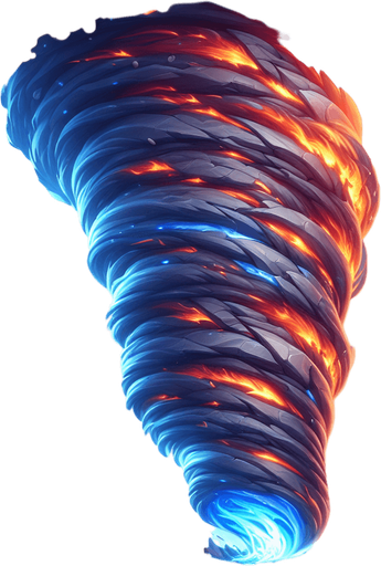 Tornado of chaotic elemental energy with bands of fire, ice, and stone..
Single Game Texture. In-Game asset. 2d. Blank background. High contrast. No shadows.