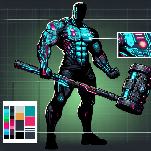 a cyberpunk bodybuilder with a sledgehammer.
Single Game Texture. In-Game asset. 2d. Blank background. High contrast. No shadows.