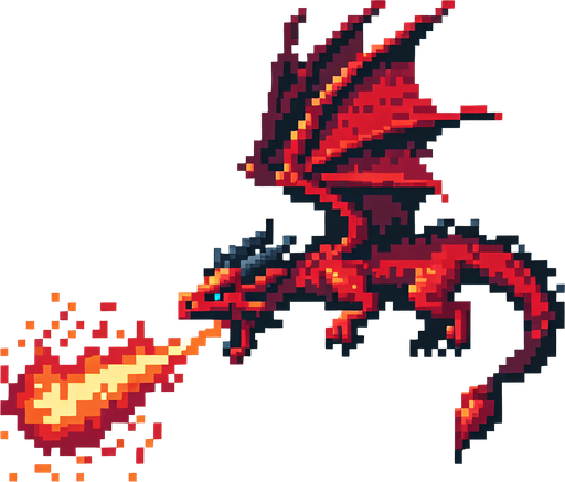 A flying red dragon breathing fire. side view. enemy character in a game. pixelart..
Single Game Texture. In-Game asset. 2d. Blank background. High contrast. No shadows.