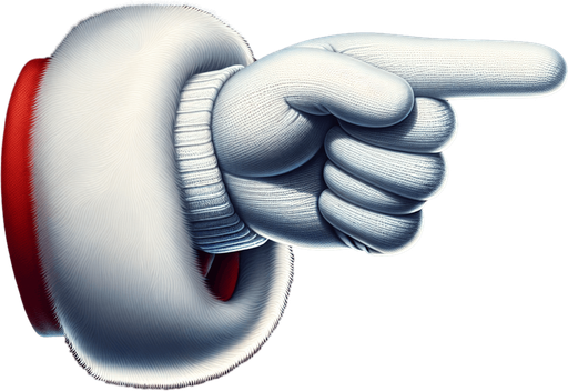 a horizontal santa's arm with a white glove and the index pointing to the right Single Game Texture. No background. High contrast. No shadows.