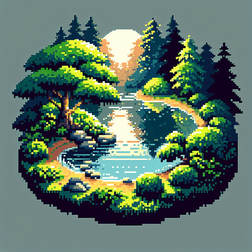 background of a pond in the middle of the nature. pixelated 8-bit.
Single Game Texture. In-Game asset. 2d. Blank background. High contrast. No shadows.